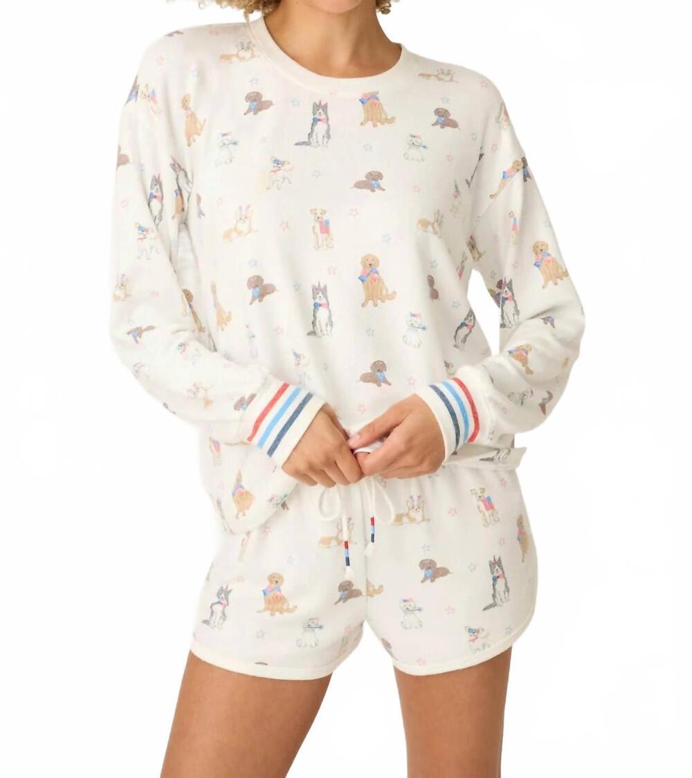 NEW PJ SALVAGE woof patriotic pups long sleeve top in ivory